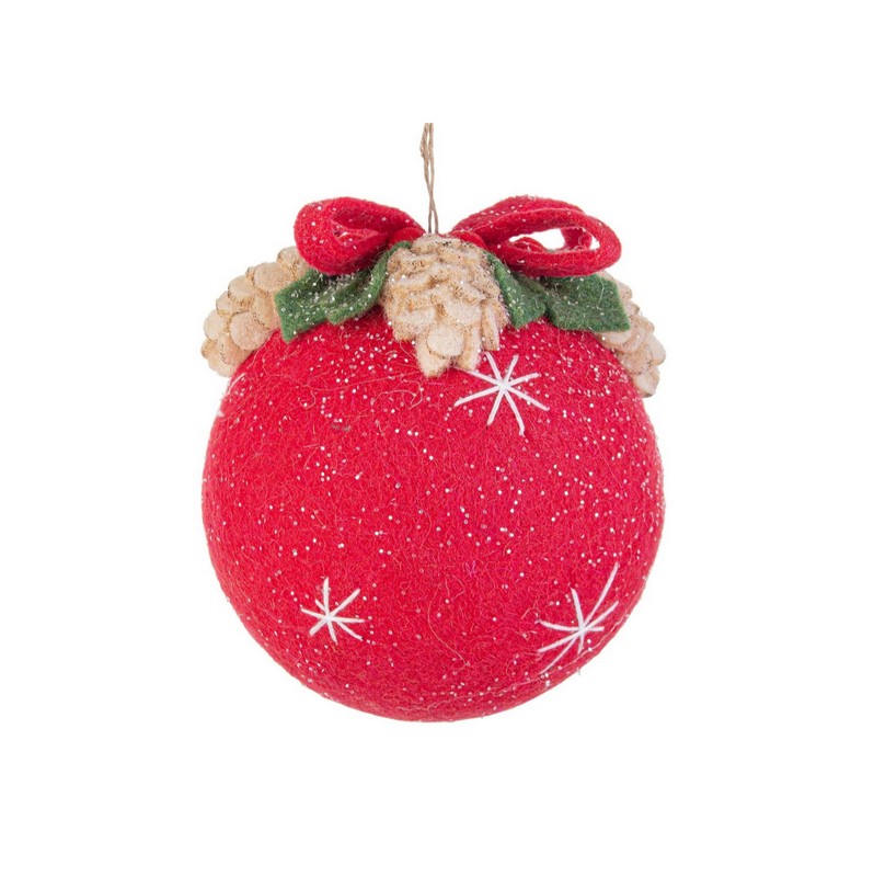 Pallina di Natale rossa in feltro decorata con foglie, pigne e fiocco, ideale per arricchire i tuoi addobbi per albero di Natale